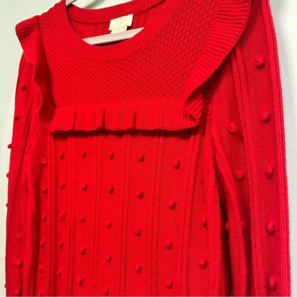 Kate Spade Red Wool Blend Ruffled Yoke Pom Pom Sweater, size Medium